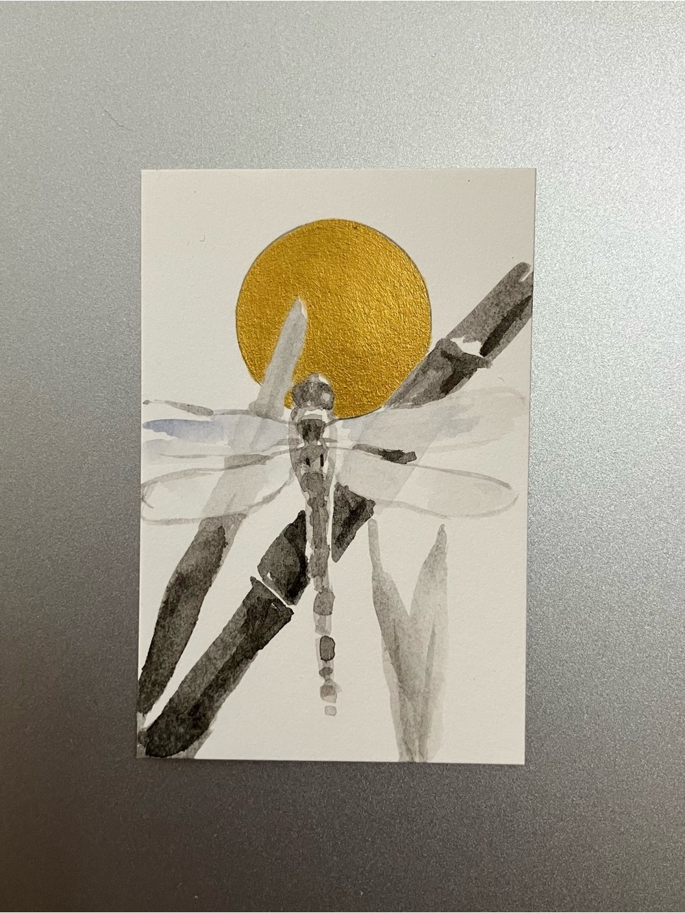 Original dragonfly painting miniature realism art sumi-e style ink artwork USA